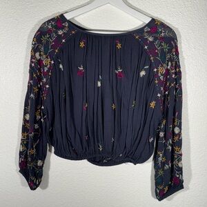 Free People Navy Floral Embroidered Top